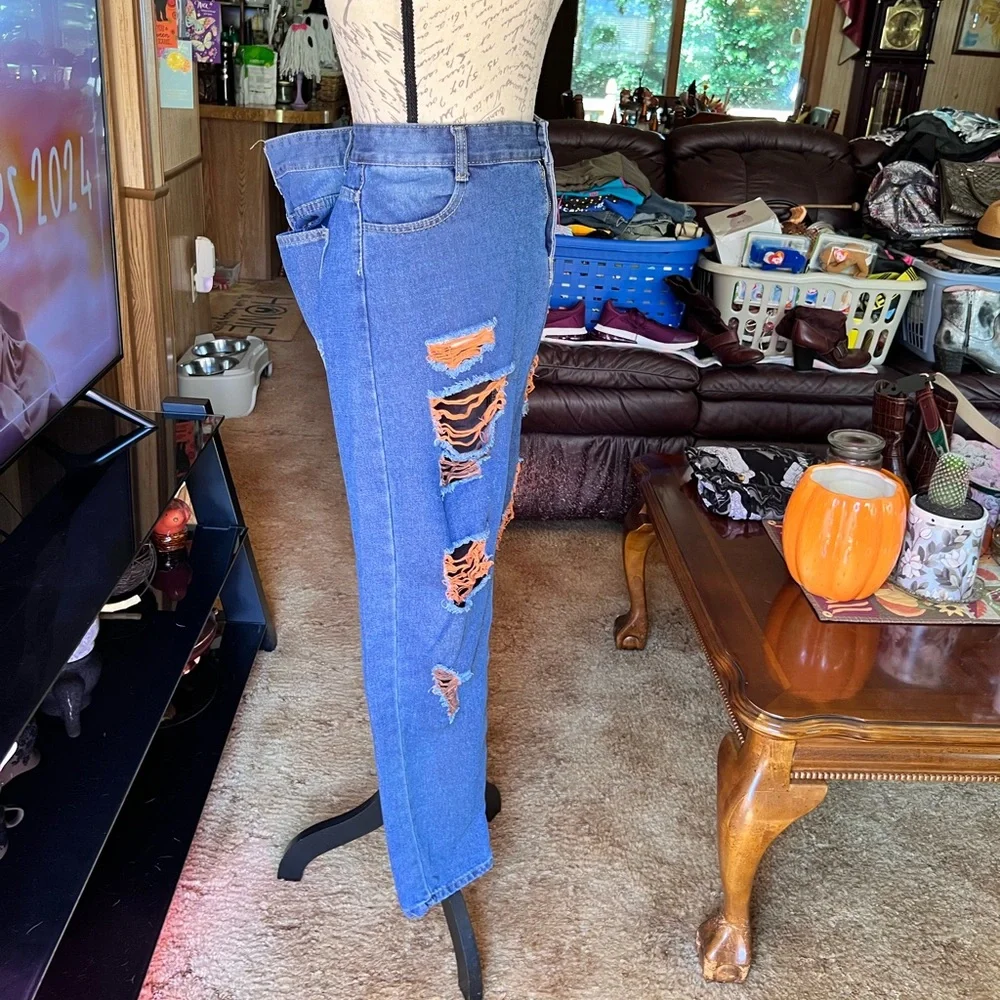 High Rise Jeans for Women Trendy 90s Denim Straight Leg Jeans orange thread rips - Picture 6 of 16